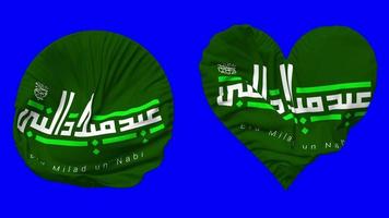 Mawlid an Nabi Ash Sharif, Eid Milad un Nabi PBUH Flag in Heart and Round Shape Waving Seamless Looping, Looped Waving Slow Motion Flag, Chroma Key, 3D Rendering video