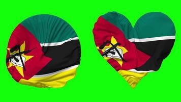 Mozambique vlag in hart en ronde vorm golvend naadloos lus, lusvormige golvend langzaam beweging vlag, chroma sleutel, 3d renderen video
