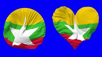Myanmar, Burma Flag in Heart and Round Shape Waving Seamless Looping, Looped Waving Slow Motion Flag, Chroma Key, 3D Rendering video