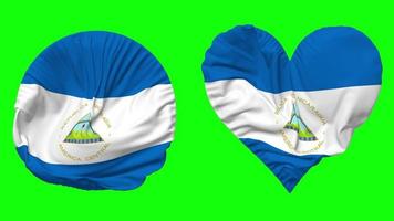 Nicarágua bandeira dentro coração e volta forma acenando desatado looping, em loop acenando lento movimento bandeira, croma chave, 3d Renderização video