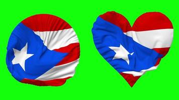 puerto rico bandera en corazón y redondo forma ondulación sin costura bucle, serpenteado ondulación lento movimiento bandera, croma llave, 3d representación video