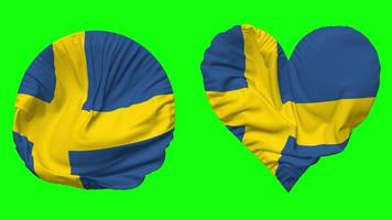 Sverige flagga i hjärta och runda form vinka sömlös looping, looped vinka långsam rörelse flagga, krom nyckel, 3d tolkning video