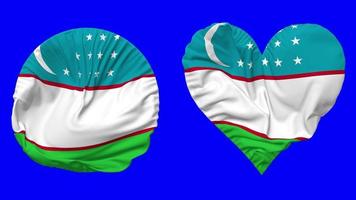 Uzbekistan Flag in Heart and Round Shape Waving Seamless Looping, Looped Waving Slow Motion Flag, Chroma Key, 3D Rendering video