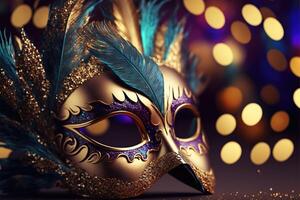 realista lujo carnaval máscara con vistoso plumas. resumen borroso fondo, oro polvo, y ligero efectos generado ai. foto