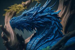 Magnificent mythical creature in vibrant blue on natural wooden backdrop. photo