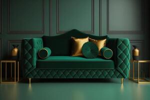 Comfortable emerald couch with pillows in a green living room with gold interior details. photo