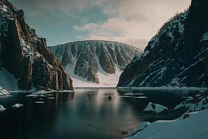 A stunning view of Lake Baikal, surrounded by mountains and forests. photo