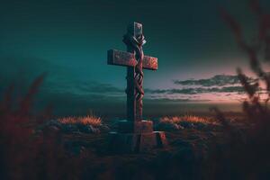 un dramático y religioso imagen de un calvario cruz, Perfecto para religioso temas y dramático visual presentaciones generativo ai. foto