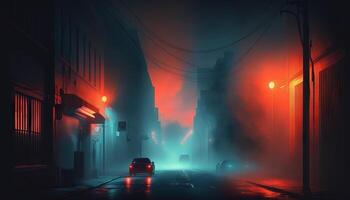 Dark street, night smog and smoke neon light. Dark background of the night city. photo