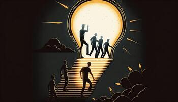 a silhouette leader and his team climbing a ladder towards a bulb-shaped door. photo