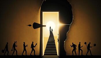a silhouette leader and his team climbing a ladder towards a bulb-shaped door. photo