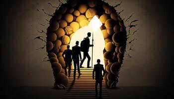 a silhouette leader and his team climbing a ladder towards a bulb-shaped door. photo
