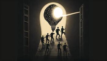 a silhouette leader and his team climbing a ladder towards a bulb-shaped door. photo