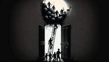 a silhouette leader and his team climbing a ladder towards a bulb-shaped door. photo