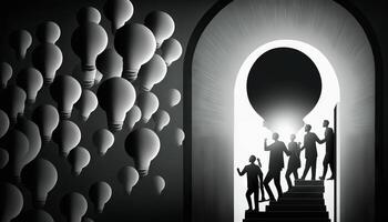 a silhouette leader and his team climbing a ladder towards a bulb-shaped door. photo