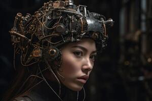 un hembra humano cyborg retrato 1000 años en el futuro creado con generativo ai tecnología. foto