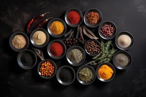 View from above of numerous spices in small bowls on a dark slate plate with copy space created with technology. photo