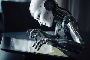 The hand of an ai robot working on a tablet created with technology. photo