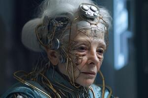 un hembra humano 500 años en el futuro creado con generativo ai tecnología. foto