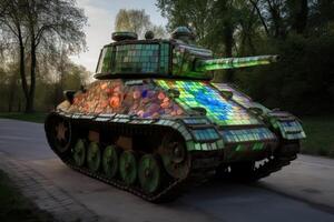 A military tank made of stained glas on a road created with technology. photo