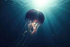 Realistic jellyfish in the depths of the ocean with lightbeams from above created with technology. photo