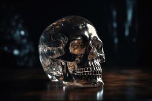 A crystal skull in a dark cave created with technology. photo