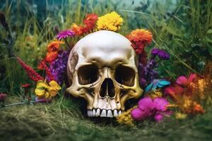 Colorful flowers growing out of a skull some grass on the ground created with technology. photo