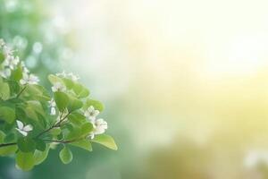 A beautiful spring background with leaves and little flowers on a light background created with technology. photo