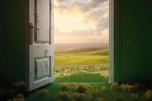 An open door stands in a green landscape created with technology. photo