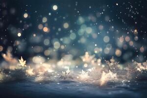 A beautiful christmas background with stars and snowflakes and soft bokeh lights created with technology. photo
