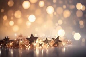 A beautiful christmas background with stars and snowflakes and soft bokeh lights on a light background created with technology. photo