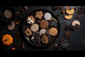 Top view on spooky halloween cookies on a dark background created with technology. photo