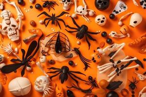 Top view on spooky halloween motifs with bones plastic spiders pumpkins and bats on an orange surface created with technology. photo