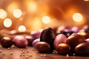 Pascua de Resurrección antecedentes con suave bokeh luces y chocolate creado con generativo ai tecnología foto