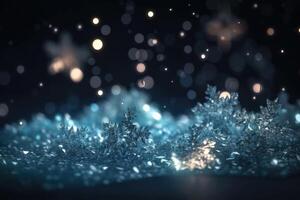 A beautiful christmas background with stars and snowflakes and soft bokeh lights created with technology. photo