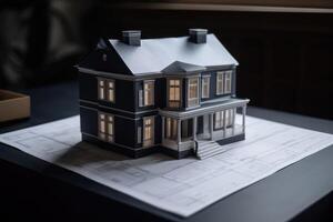 A blueprint of a residential house on a desk with a model of the house on the desk created with technology. photo