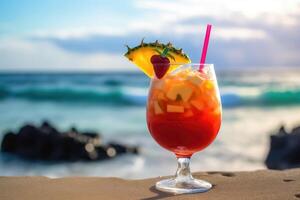 A fruity cocktail with a beautiful paradise beach soft background created with technology. photo