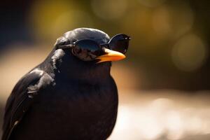 A blackbird wearing sunglasses created with technology. photo