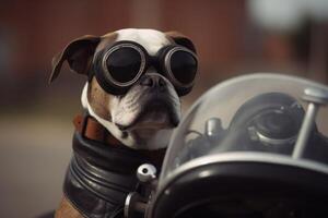 A dog riding a motorbike created with technology. photo