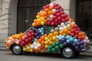 A car made of festive balloons created with technology. photo