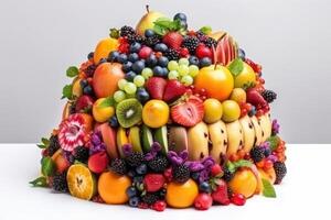 A big cake made of colorful fruits on a white background created with technology. photo