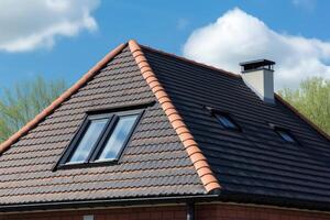 Open roof window in velux style with roof tiles created with gereative AI technology. photo