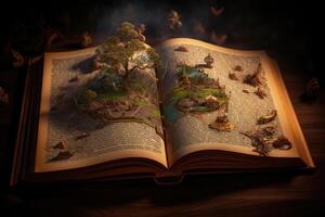 A magical book with fantasy stories coming out of the book created with technology. photo