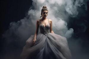 Gorgeous woman with an elegant dress and some smoke created with technology. photo