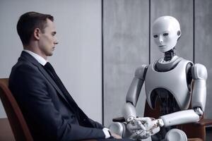 Man and AI robot waiting for the same job interview created with technology. photo