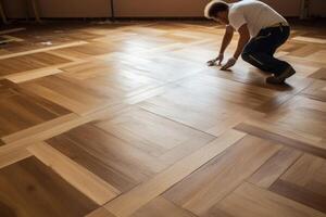 A craftsman laying parquet flooring created with technology. photo