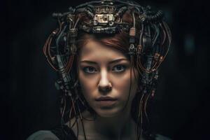 A female human cyborg portrait 1000 years in the future created with technology. photo