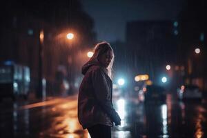 un solitario mujer carreras alrededor a noche en un moderno ciudad mientras eso es lloviendo creado con generativo ai tecnología. foto