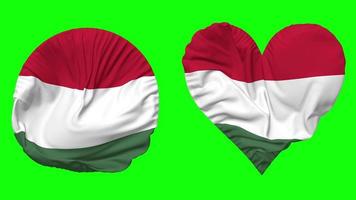 Hungary Flag in Heart and Round Shape Waving Seamless Looping, Looped Waving Slow Motion Flag, Chroma Key, 3D Rendering video