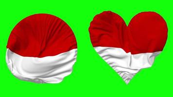 Indonesia Flag in Heart and Round Shape Waving Seamless Looping, Looped Waving Slow Motion Flag, Chroma Key, 3D Rendering video